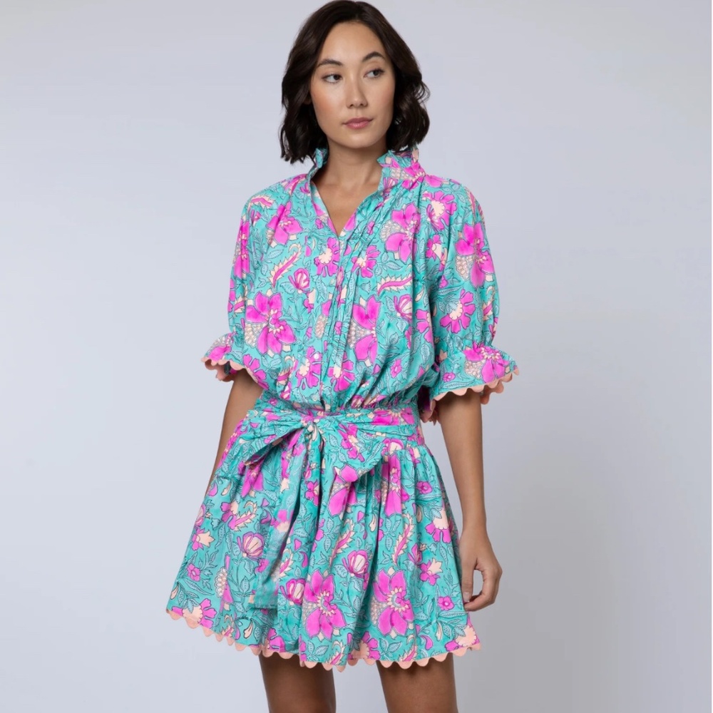 Juliet Dunn Blouson Poplin Dress in floral block print